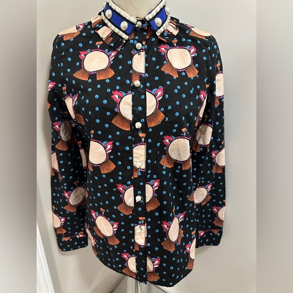 Tops - Black Button-Up Shirt with Colorful Print